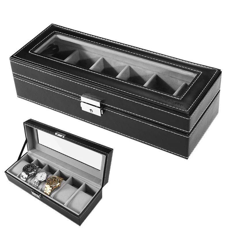 6 Slots Glass Top PVC Watch Box Storage Case Watch Box Jewelry Case Display Box Watch Case Watch Box